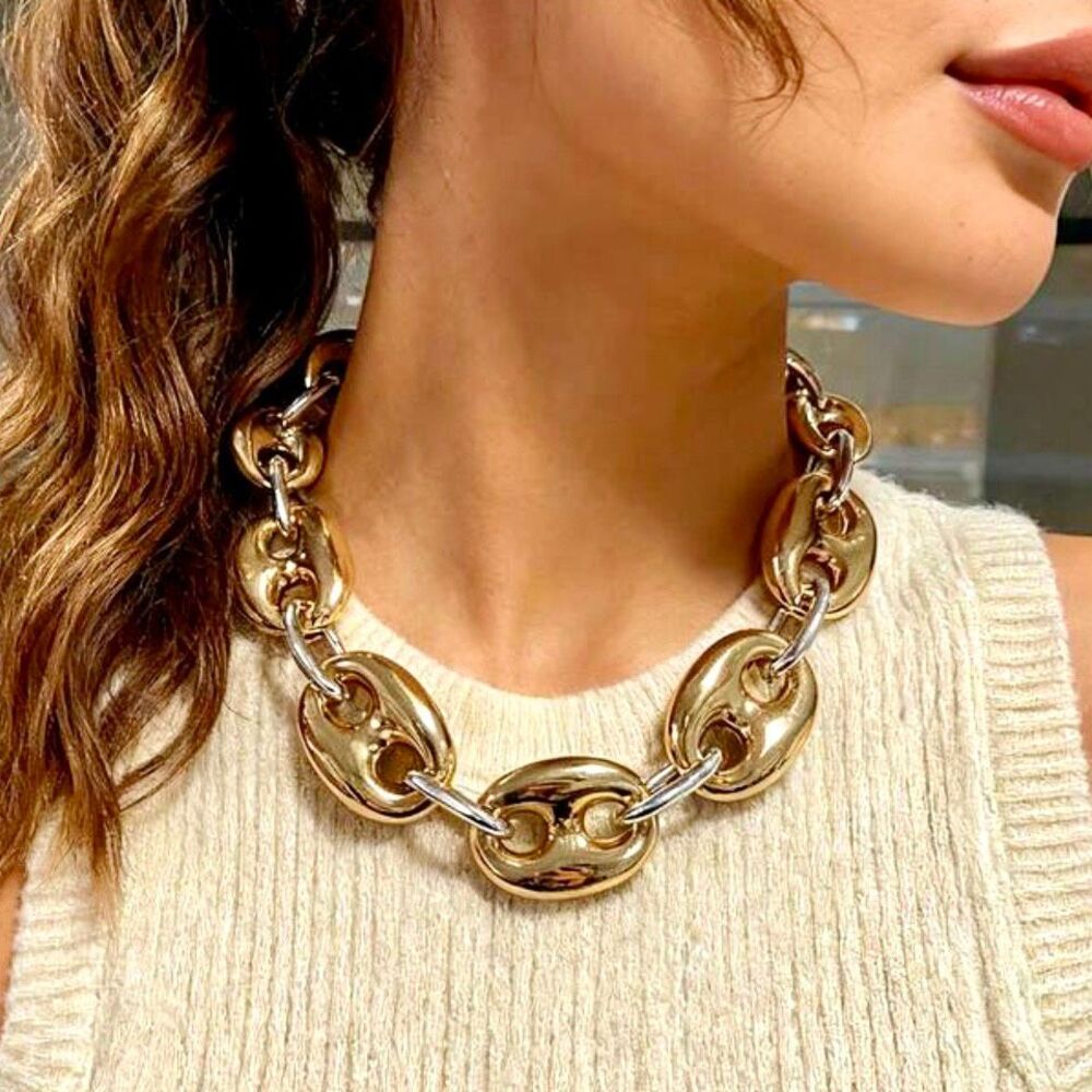 New Gorgeous Camila Coelho Big Puffed Gold Silver Mariner Links Necklace 18”+3” - Picture 7 of 16